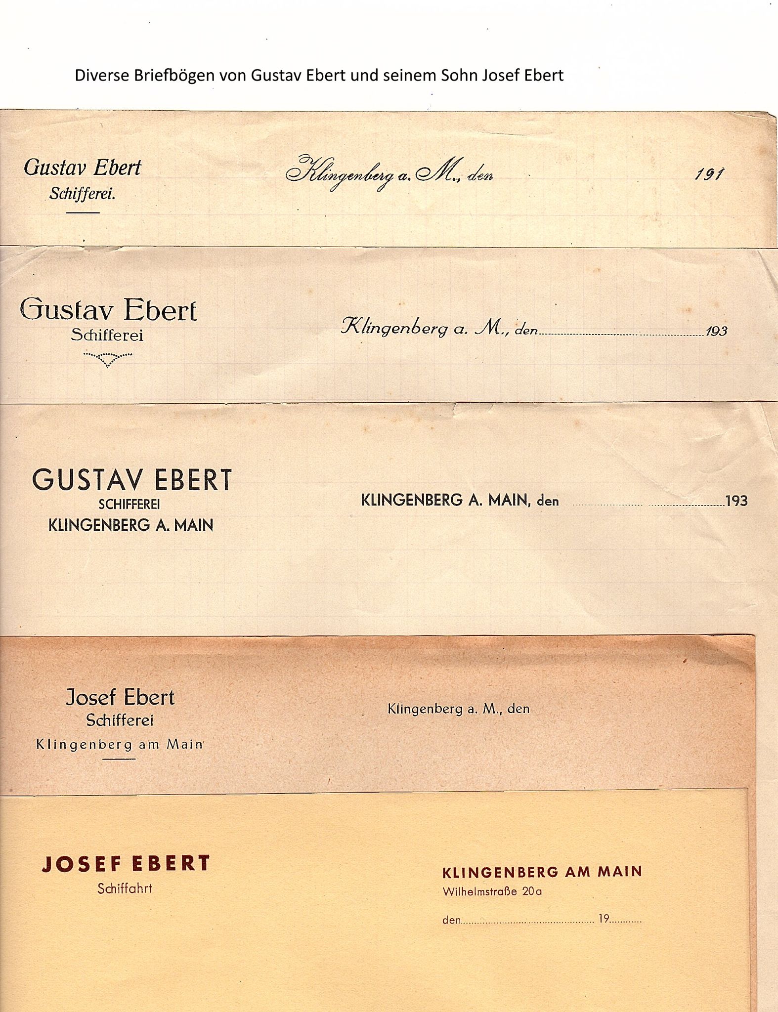 Verschiedene Briefbögen der Schifferfamilien Gustav und Josef Ebert
